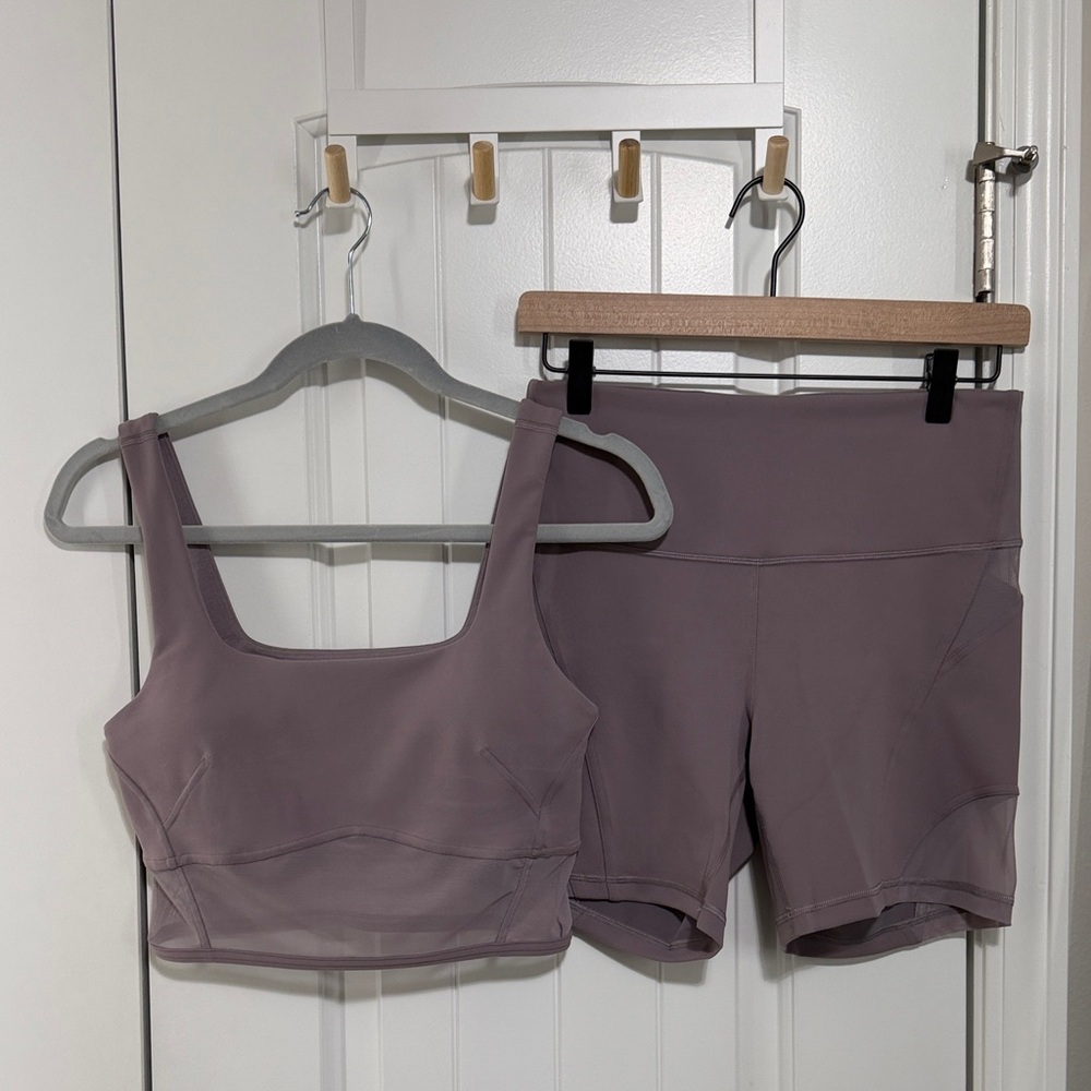 lululemon athletica mauve/purple sports bra and bike shorts set